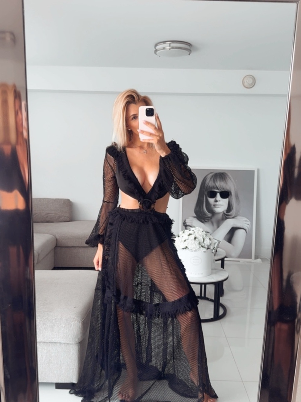 Black Sheer Maxi Dress with Cut-Out Waist and Ruffle Trim